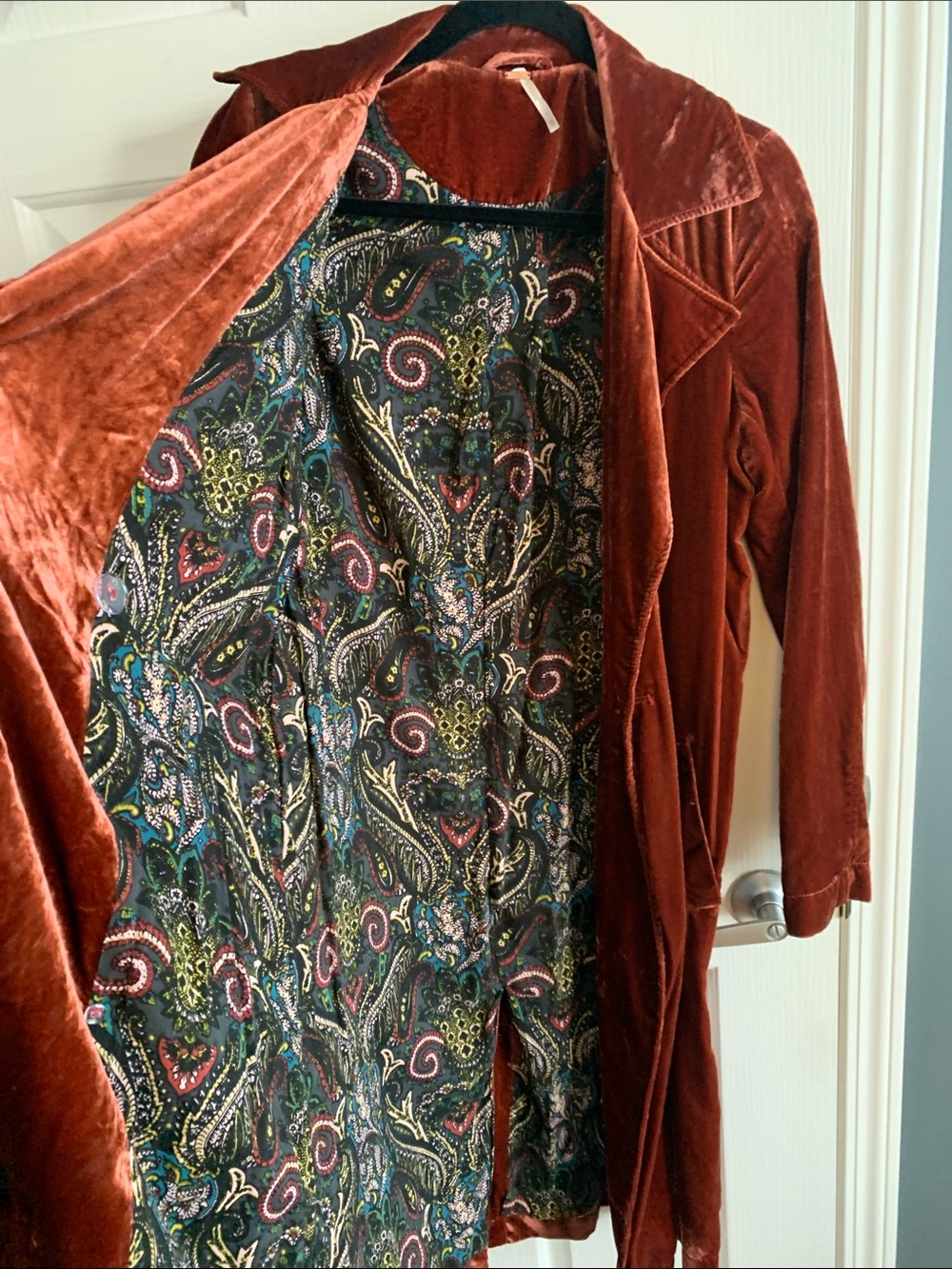 Free People Rust Red Velvet Trench Coat with Paisley Lining - Picture 4 of 6